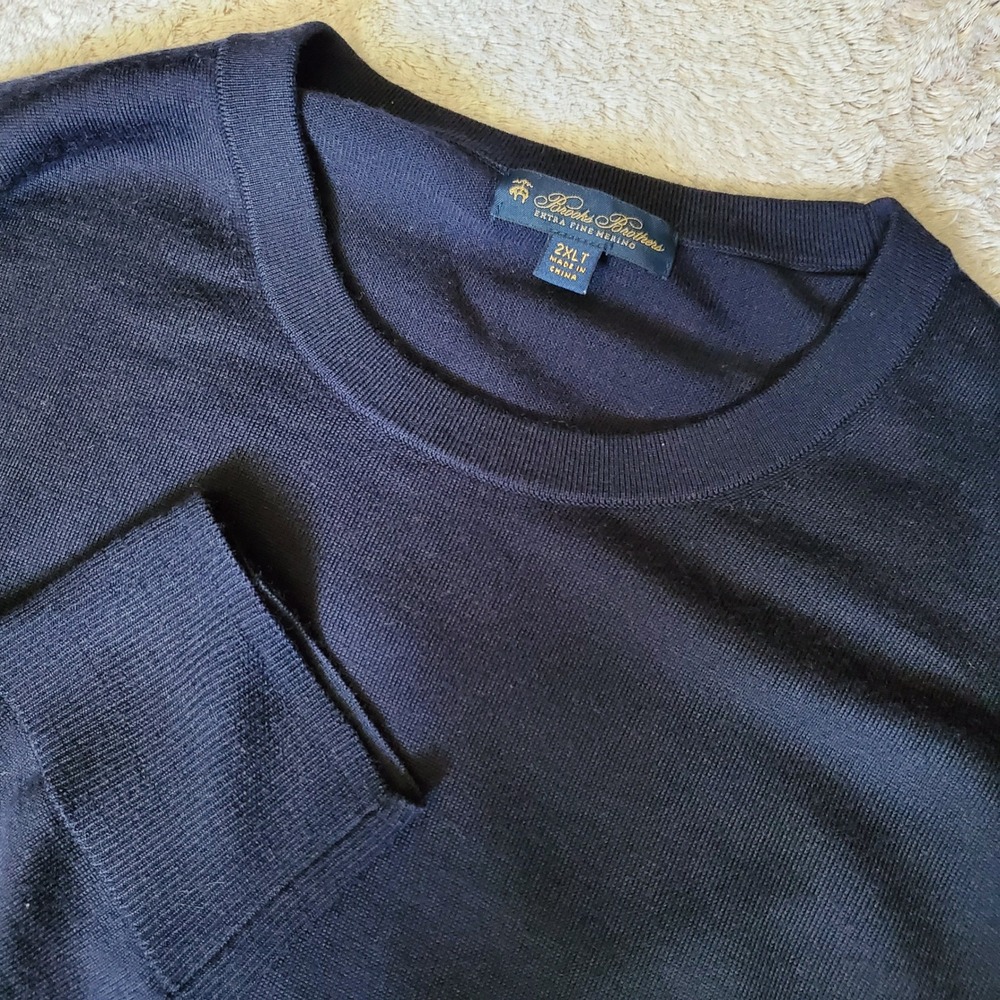 Brooks Brothers Mens 2XLT Navy Blue Extra Fine Merino Wool Crewneck Sweater